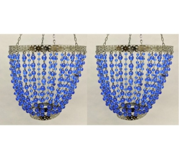 Picture of Lantern Bead Votive Holder Hanging Cone Blue 4-Chains Set/2  | 7"Dx18"H |  Item No.30113
