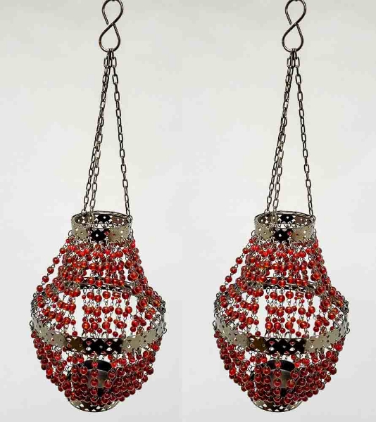 Picture of Lantern Bead Votive Holder Hanging Chandelier Burgundy 3-Chains Set/2  | 5"Dx14"H |  Item No.30124