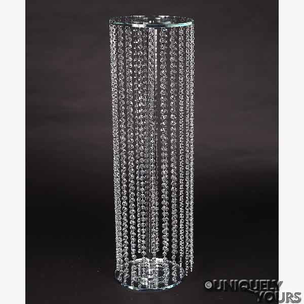 Picture of Crystal Floral Stand w/ Clear Stem, Round Top, and Full Length Crystal Bead Strands | 12"D x 35.5"H | Item No. 20250