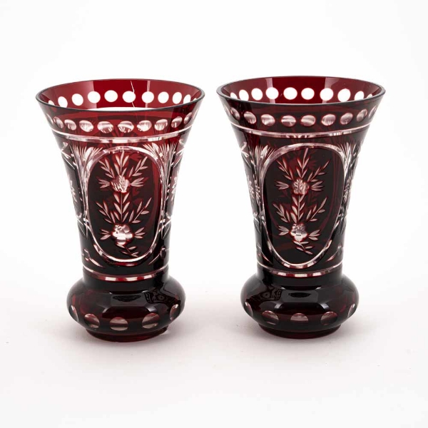 Picture of Ruby Red Bud Vase Tapered Ring Bottom Etched Cut Glass  Set/2  | 3.75"Dx5.75"H | Item No.  20628