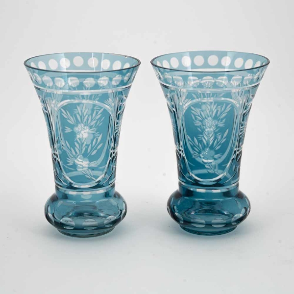 Picture of Light Blue Bud Vase Tapered Ring Bottom Etched Cut Glass  Set/2   | 3.75"Dx5.75"H | Item No. 20668