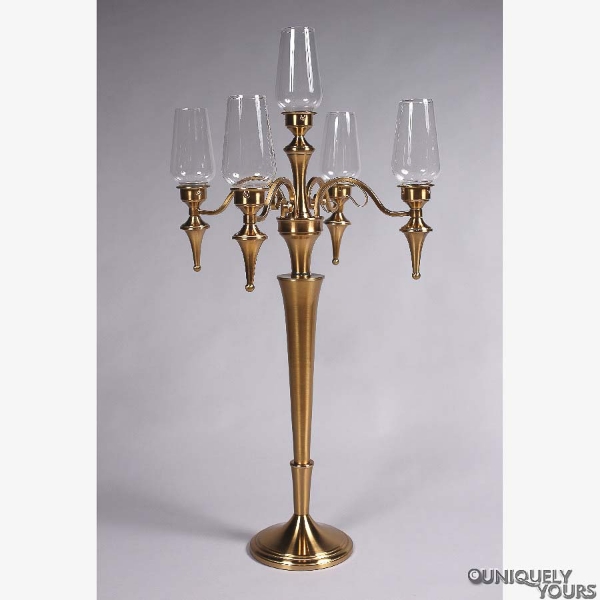Picture of Matte Gold Metal Candelabra Five Light with Hurricane Shades | 22"W x 38"H | Item No. 26102