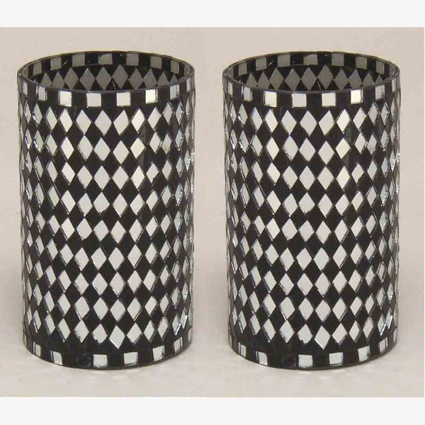 Picture of Black Vase Mosaic Glass Cylinder with Diamond Shape Black & Mirror Chips Set/2 | 3.25"Dx5.5"H | Item No. 21215