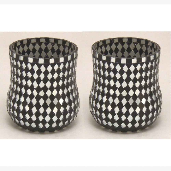 Picture of Black Vase Mosaic Glass Bubble with Diamond Shape Black & Mirror Chips Set/2 | 4"Dx4.5"H | Item No. 21265