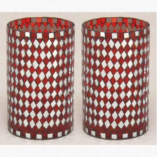 Picture of Red Vase Mosaic Glass Cylinder with Diamond Shape Red & Mirror Chips Set/2 | 3.25"Dx5.5"H | Item No. 22215
