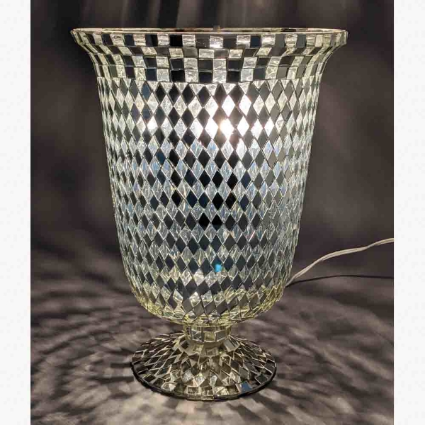 Picture of Silver Vase Mosaic Glass Cache with Diamond Shape Clear & Mirror Chips | 9"Dx12"H | Item No. 23221