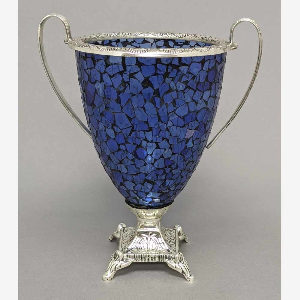Picture of Cobalt Blue Vase Mosaic Glass Cone Silver Plated Base With Handles  | 7"Dx10"H |  Item No. 70134