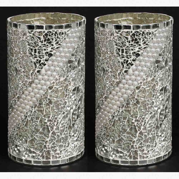 Picture of Silver Vase Glass Chips Mosaic Pattern with Pearl Beads Set/2 | 4.5"Dx8"H | Item No. 24413
