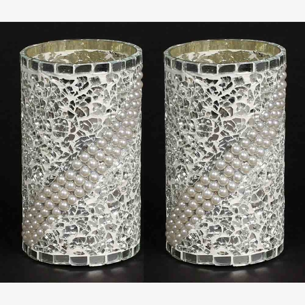 Picture of Silver Vase Glass Mosaic Chips with Pearl Beads Set/2 | 3.5"Dx6.25"H | Item No. 24414