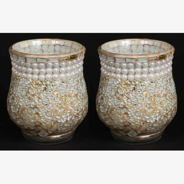 Picture of Sea-Green Votive Holder or Vase Glass Chips in Mosaic  Pattern with Pearl Beads  Set of 2 | 3.75"Dx4.75"H |  Item No. 24425