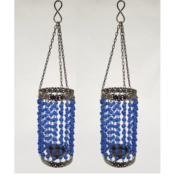 Picture of Lantern Bead Votive Holder Hanging Cylindrical Blue 3-Chains Set/2  | 3"Dx15"H |  Item No.30133