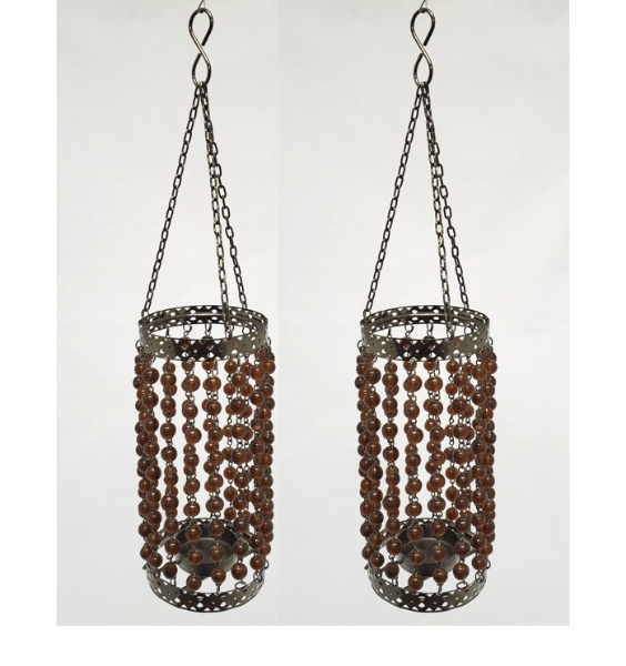Picture of Lantern Bead Votive Holder Hanging Cylindrical Burgundy 3-Chains Set/2  | 3"Dx15"H |  Item No.30134