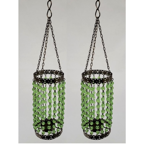 Picture of Lantern Bead Votive Holder Hanging Cylindrical Green 3-Chains Set/2  | 3"Dx15"H |  Item No.30135