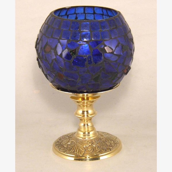 Picture of Votive Candle Holder Blue Mosaic Ball on Brass Base  |5"Dx7.5"H|  Item No.90352
