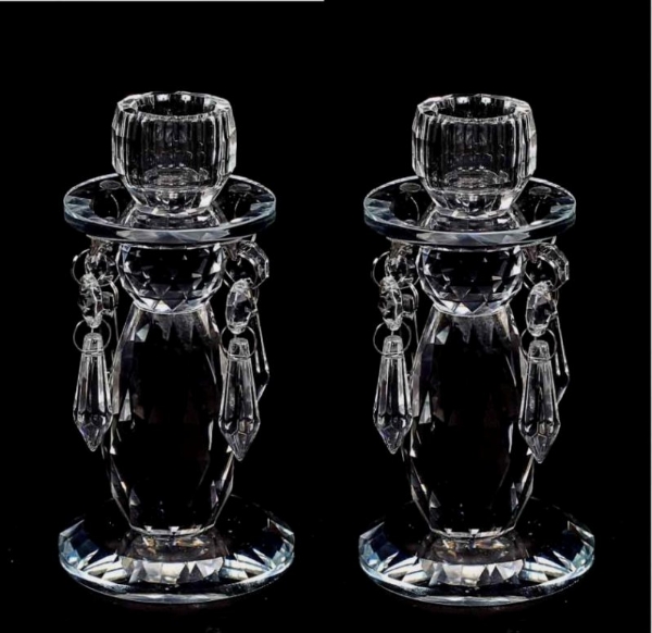 Picture of Crystal Candle Holder Faceted with 4- Hanging Crystal Beads Set/2  | 2.75"Diax6"High | Item No. 20286