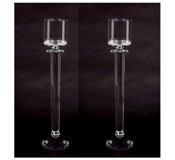 Picture of Crystal Candle Holder with Clear Glass Shade Multifaceted Stem Set/2  | 4.75"Diax22"High |  Item No. 20306