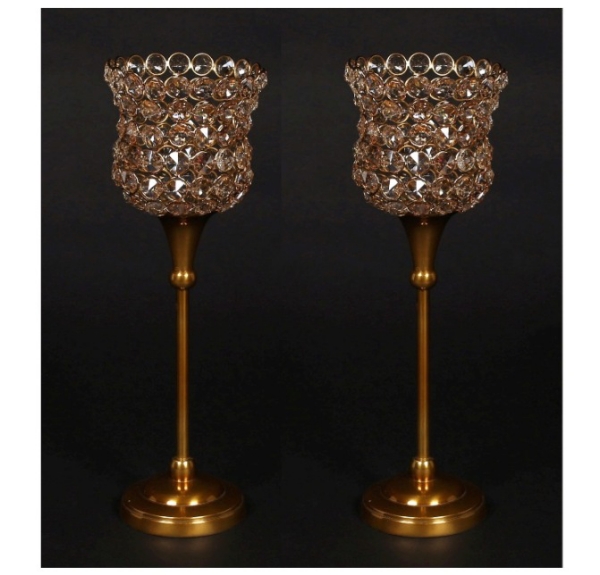 Picture of Antique Gold Crystal Bead Votive Candle Holders Set/2  | 4"D x 13"H |  Item No. 16152