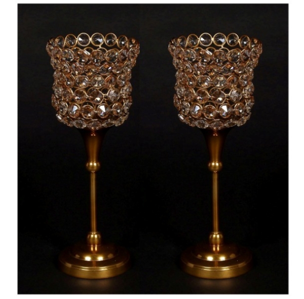 Picture of Antique Gold Crystal Bead Votive Candle Holders Set/2  | 4"D x 11"H |  Item No. 16153