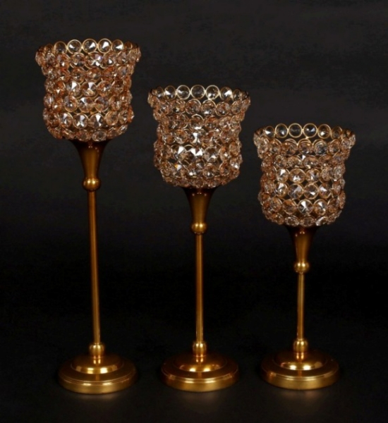 Picture of Antique Gold Crystal Bead Votive Candle Holders  Set/3 | 4"D,   11"-13"- 14.5"H |  Item No. 16150