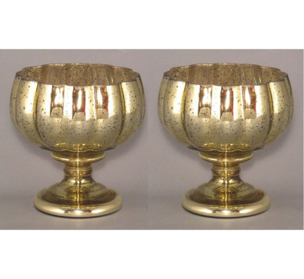 Picture of Gold Mercury Glass Bowl Dry Flower Arrangement Lotus Shape on Pedestal Set/2 | 5"Dx5.5"H |  Item No. 16007
