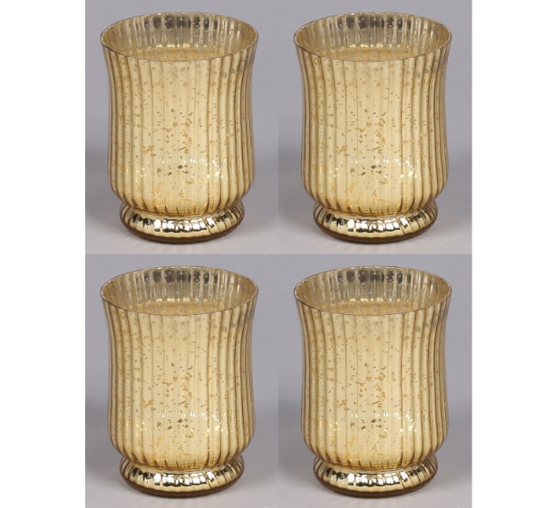 Picture of Gold Mercury Glass Hurricane Vase with Lines Set/4  | 3.25"Dx4.25"H |  Item No. 16056