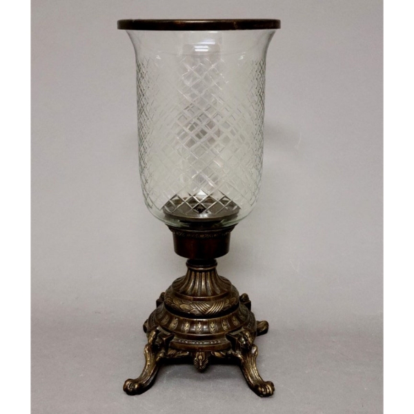 Picture of Bronze Patina on Brass Candle Holder Embossed with Mesh Cut Glass Shade  | 6.5"Dx16.25"H |  Item No. K83103