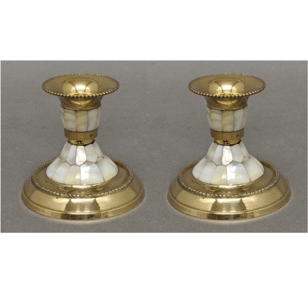 Picture of Brass Candle Holder with Mother Of Pearl Inlay Bead Border Cup Set/2 | 3.25"Dx3"H |  Item No. 03643