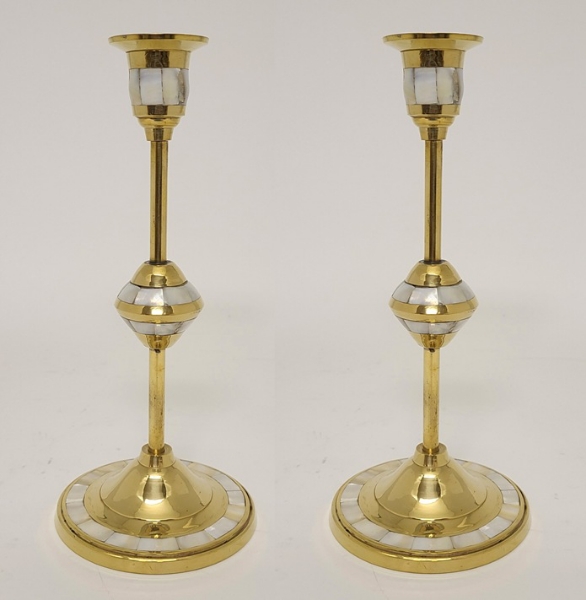 Picture of Brass Candle Holder with Mother Of Pearl Inlay Set/2  | 4"D x 9"H |  Item No. 13701