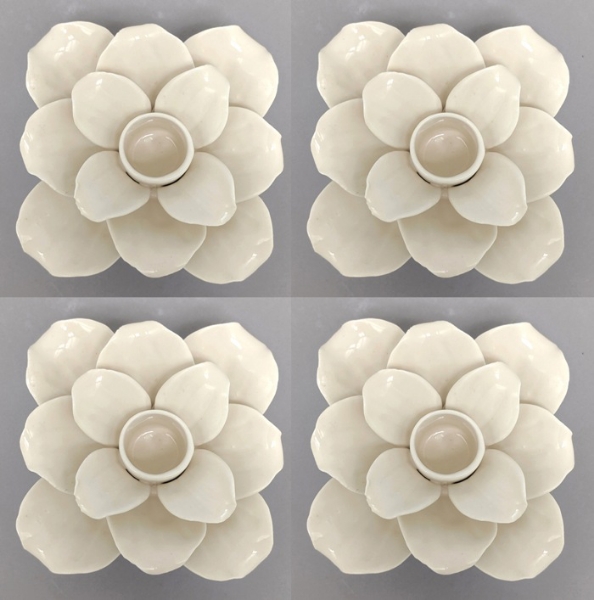 Picture of Ivory Ceramic Candle Holder Square shaped Flower with 12-Petals  Set/4   | 4"Sq x 2.5"H |  Item No. 71022