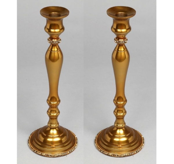 Picture of Antique Gold Candle Holder with Rhinestone Border Base Set/2  | 4"Dx12"H |  Item No. 16154