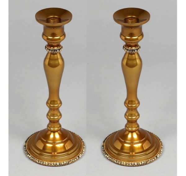Picture of Antique Gold Candle Holder with Rhinestone Border Base Set/2  | 4"Dx10"H |  Item No. 16155