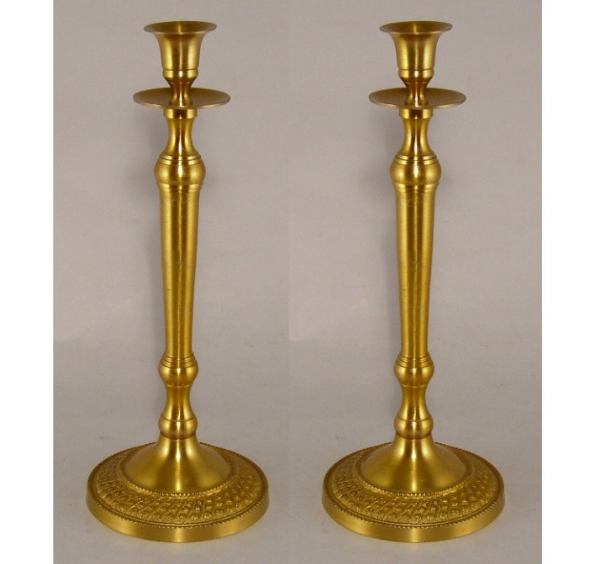Picture of Antique Gold Finish on Brass Candle Holder with Embossed Base Set/2  | 4.75"Dx12"H |  Item No. 37681