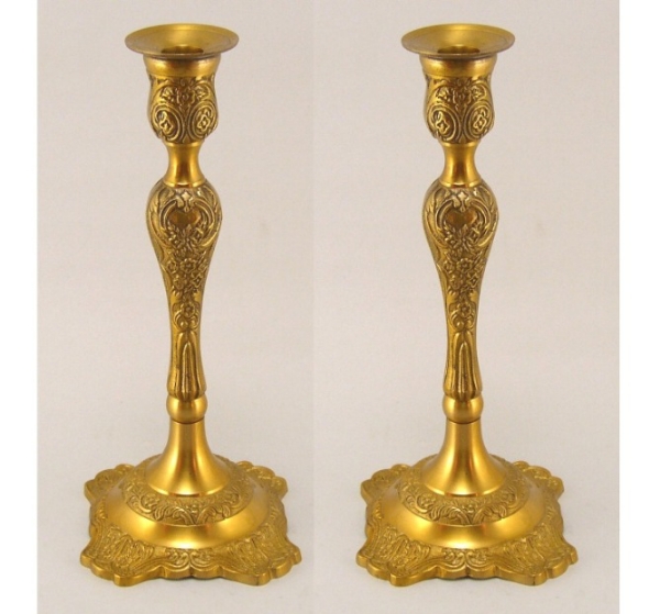 Picture of Antique Gold Finish Candle Holder with Embossed Square Base Set/2  | 5"Dx12"H |  Item No. 37683