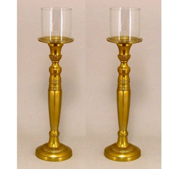 Picture of Antique Gold Aluminum Candle Holders for Pillar or Taper Candle with Glass Shade  Set/2 | 5.25"Dx20"H |  Item No. 51657