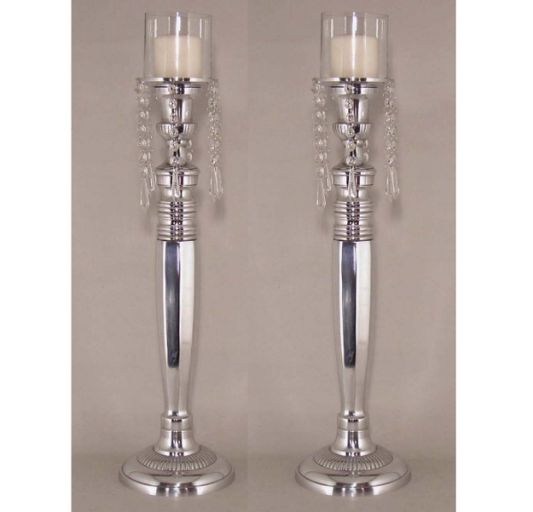 Picture of Aluminum Candle Holder with 6-Hanging Crystal Beads and Glass Shade Set/2 | 7.5"Dx28"H |  Item No. 51652