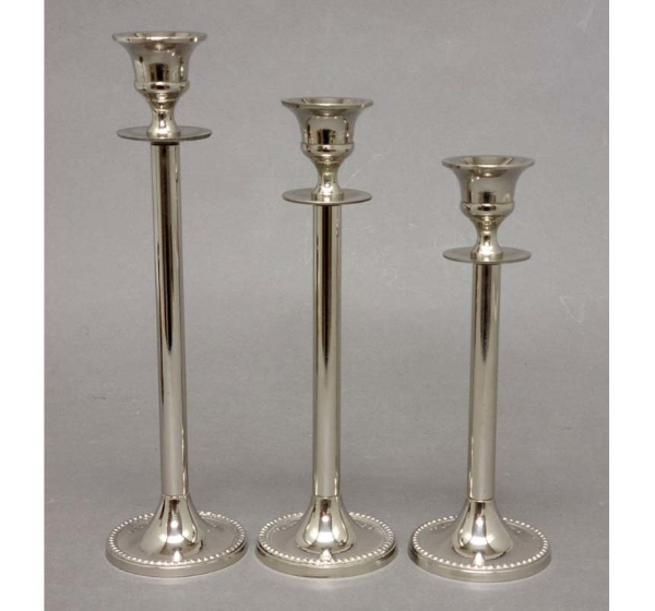 Picture of Nickel Plated on Brass Candle Holders Graduated Set/3  | 3"Dia 6"-7.5"-9"Tall |  Item No. 79429