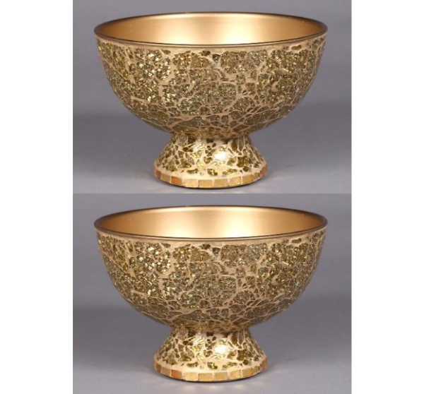 Picture of Gold Mosaic Bowl Compote Vase  Half Round Set/2  | 8"Dx5.5"H |  Item No. 24305