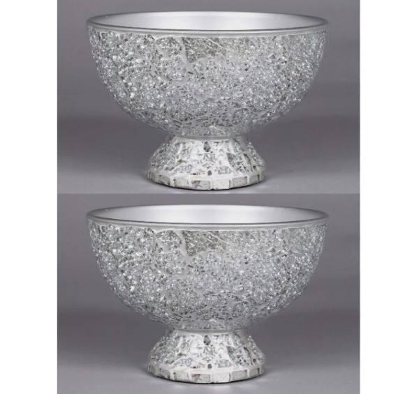 Picture of Silver Mosaic Bowl Compote Vase Half Round Set/2 | 8"Dx5.5"H | Item No. 24315