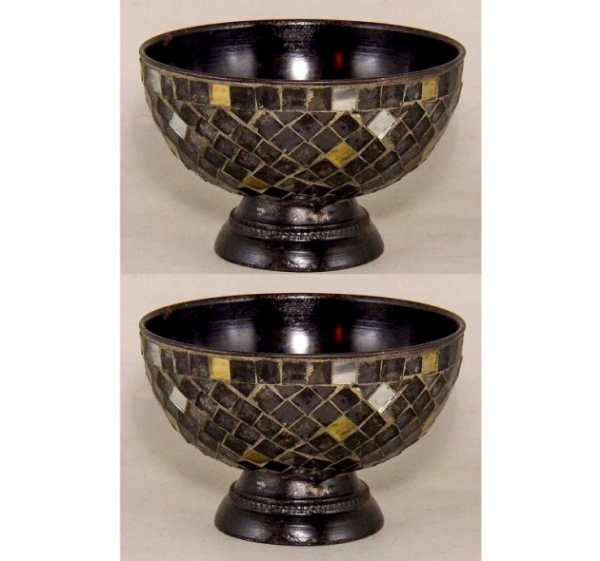 Picture of Black Mosaic Bowl Compote Vase  Round  Set/2  | 6"Dx4"H |  Item No. 35119