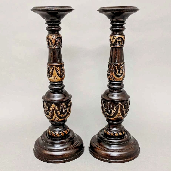 Picture of Hand Carved Wood Candle Holder Round for Pillar Candle Set/2 | 6.5"Dx18"H |  Item no. 40106