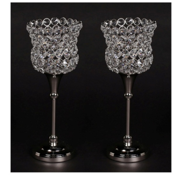 Picture of Nickel Plated Crystal Bead Votive Candle Holders  Set/2 | 4"D x 11.5"H |  Item No. 16168