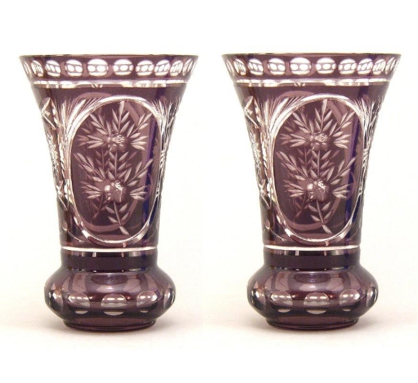 Picture of Amethyst Bud Vase Tapered Ring Bottom Etched Cut Glass  Set/2   | 3.75"Dx5.75"H | Item No. 20658