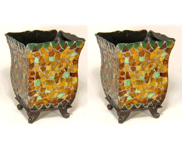 Picture of Multi Color Mosaic on Metal Vase Square 4-Legs  Set/2 | 6"Sqx7.5"H | Item No. 36105