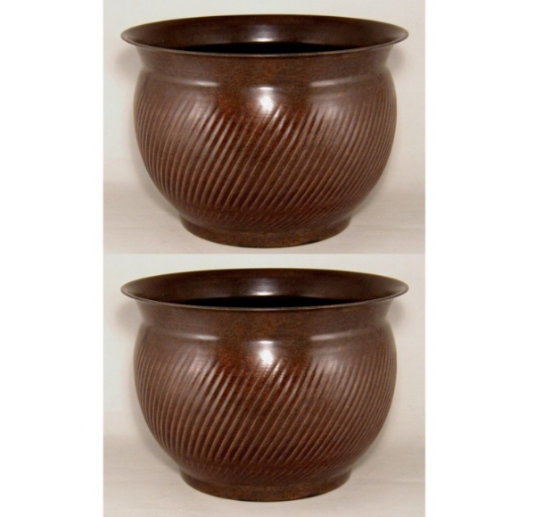 Picture of Brown Patina Finish on Metal Planter Swirl Lines  for Silk Trees Set/2  | 14"D x 10"H |  Item No. 44146L