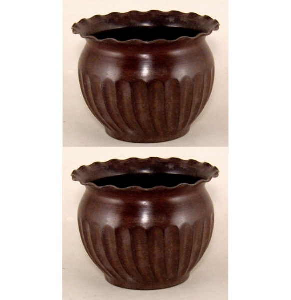 Picture of Brown Patina Finish on Metal Planter with Swirl Surface Lines  and Wavy Rim Set/2  | 8.5"D x 6"H |  Item No. 44163L