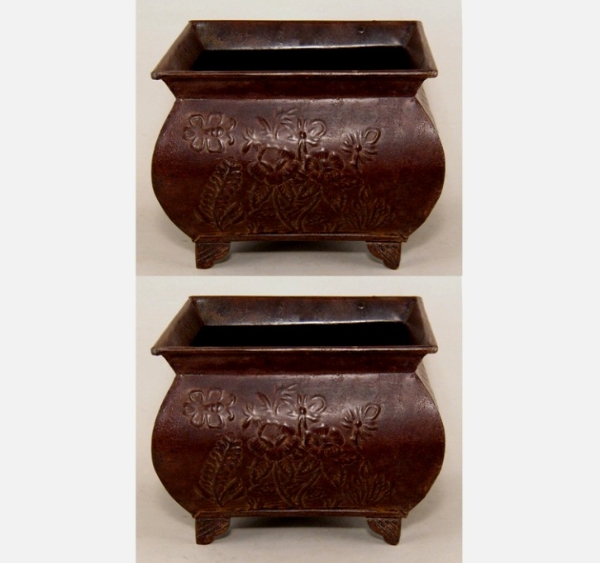 Picture of Square Metal Planter Brown Patina Finish Embossed 4-Legs  Set/2 | 9"W x 7"H |  Item No. 44435L
