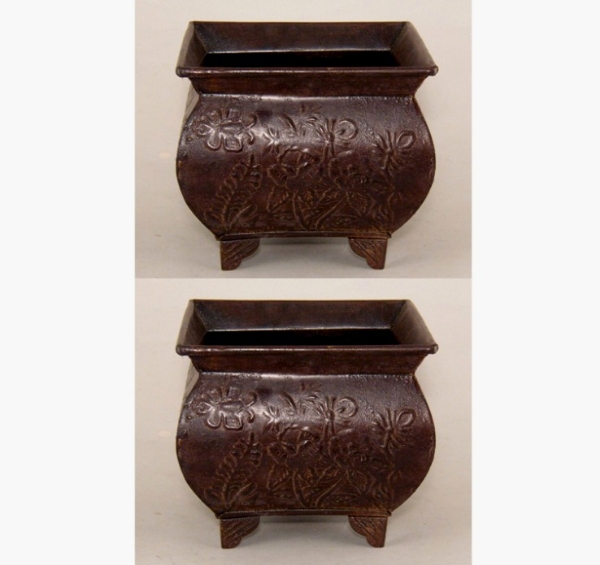 Picture of Square Metal Planter Brown Patina Finish Embossed 4-Legs  Set/2 | 7.5"W x 6.5"H |  Item No. 44435M