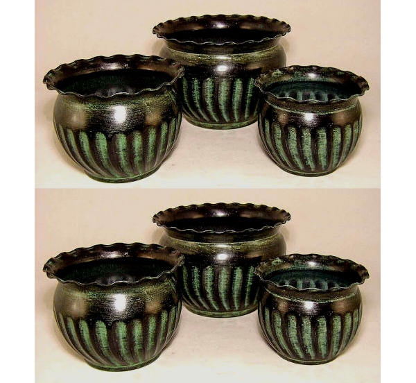 Picture of Green Patina Finish on Metal Planters Swirl  3-Nested Sizes  Set/2 | 5.5"-7"-8.5"D |  Item No. 59163