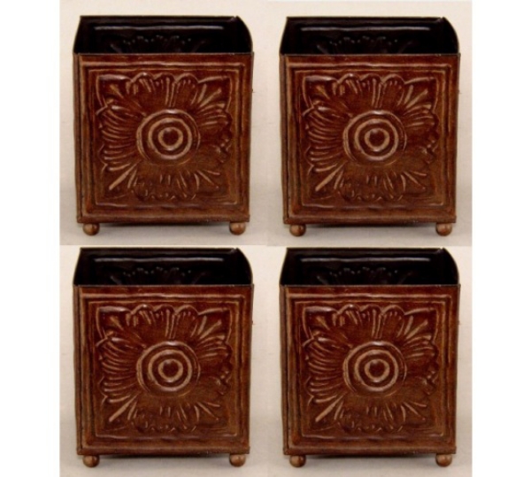 Picture of Dark Brown Square Planter Embossed with 4-Ball Feet  Set/4  | 5"Wx6"H | Item No. 44117S