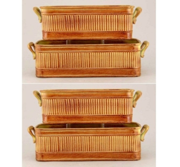 Picture of Earth Tone Finish Metal Window Planter Ribbed in 2 Sizes with Handles  Set/2 | 10"-12"Long | Item No. 53490
